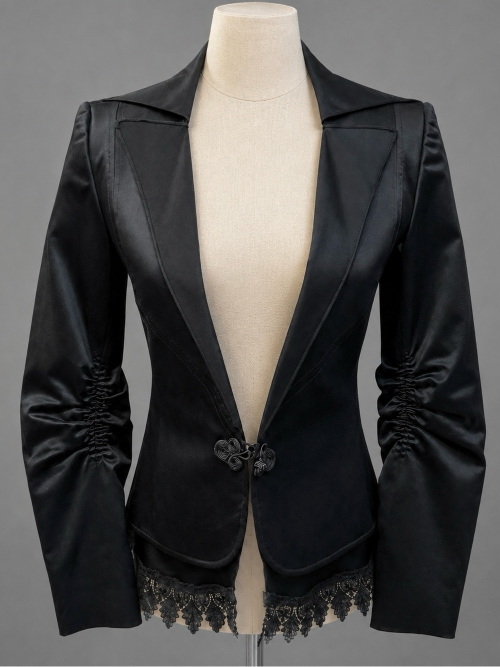 Steampunk Black Ruched Sleeve Lace Trim Fitted Blazer Jacket S